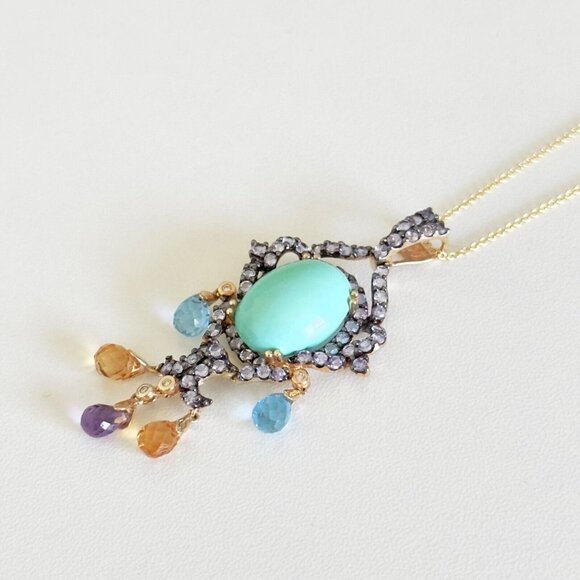 14k Yellow Gold Turquoise Multi Gemstone Chandelier Pendant Chain Necklace 18" - Picture 11 of 16